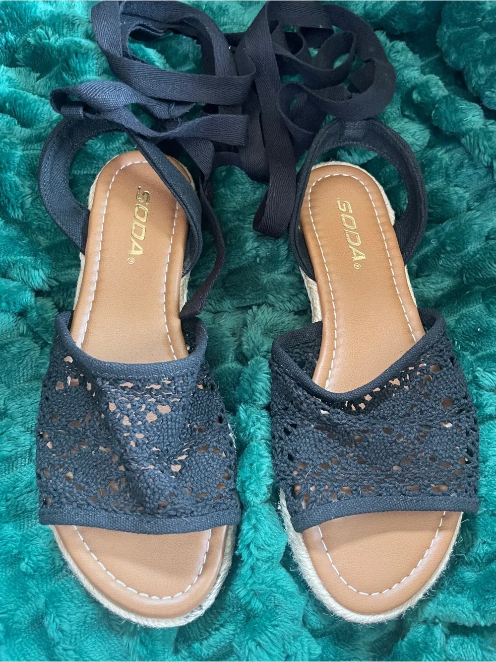 Soda Women's Black Crochet Espadrille Lace-Up Sandals size 6